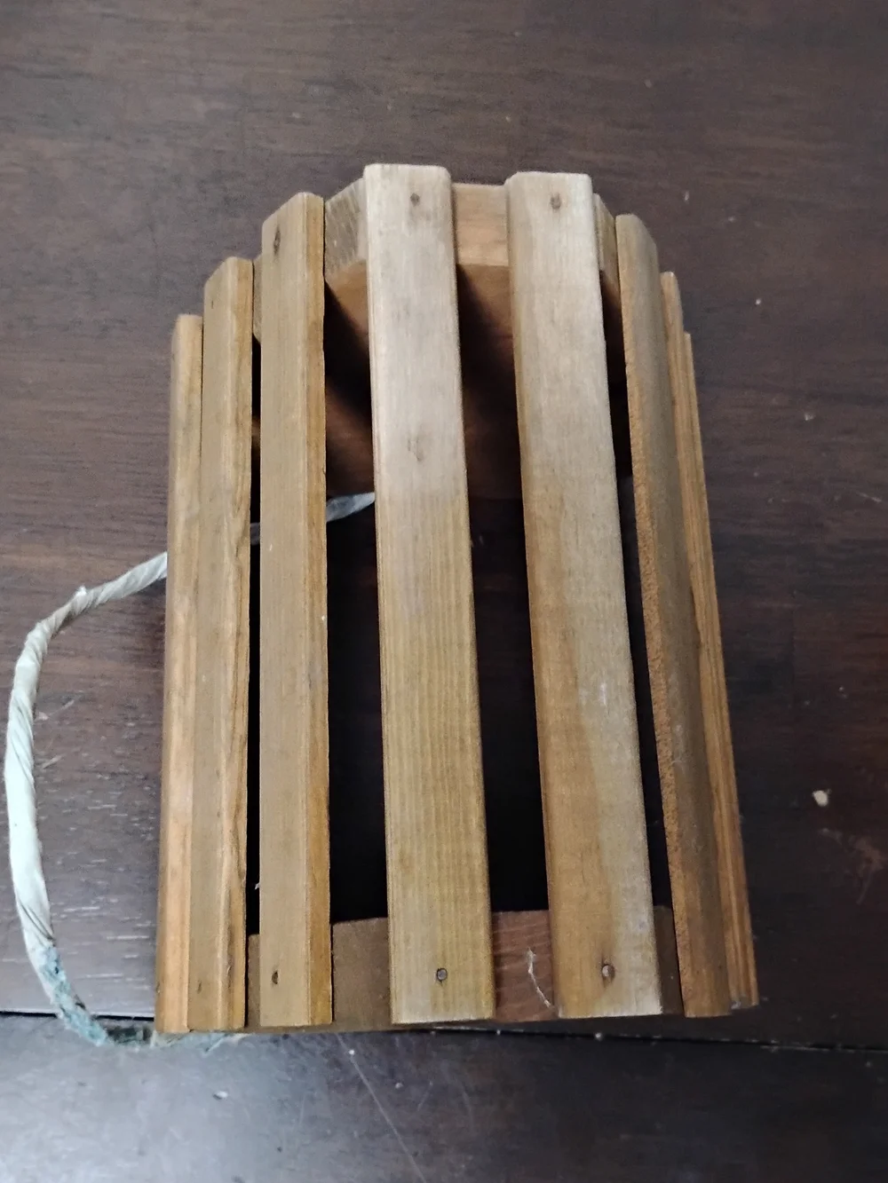 Primitive Wood Slatted Basket with Rope Handle 